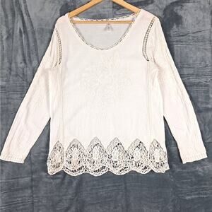 Womens Top‎ Medium Crochet Boho Chic Floral Embroidered Cottage Gauzy Peasant